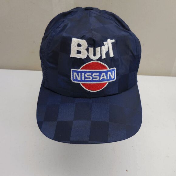 Vintage Burt Nissan Baseball Cap Strap Back Dark Blue Checkerboard Pattern Excel